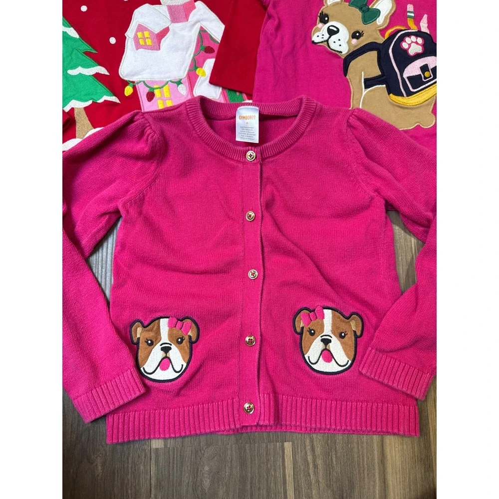 Gymboree Tops Lot Girls Size 6 Pink Red Embroidered Christmas Bulldog 3pc Set